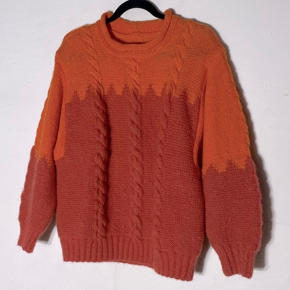 Handmade Orange Pink Chunky Knit Crew Neck Sweater M Cottagecore Whimsigoth